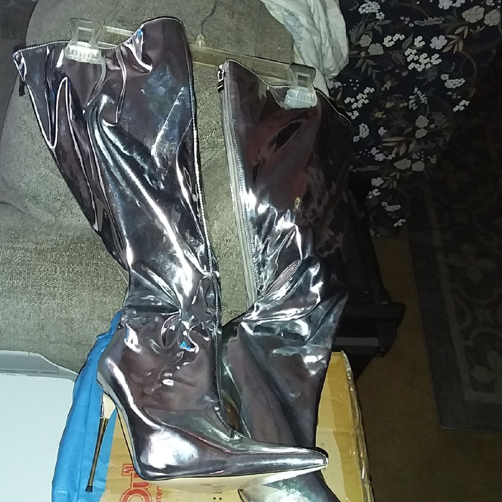 Metallic Silver Knee-High Stiletto Boots - Women